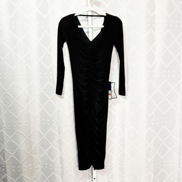 🎂 300. Rachel Roy Black Ruched Long Sleeve Bodycon Midi Dress Size XS NWT - Picture 3 of 9